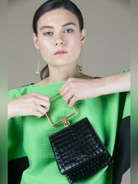 Marge Sherwood - Black Croc-Embossed Structured Mini Handbag with Square Handle